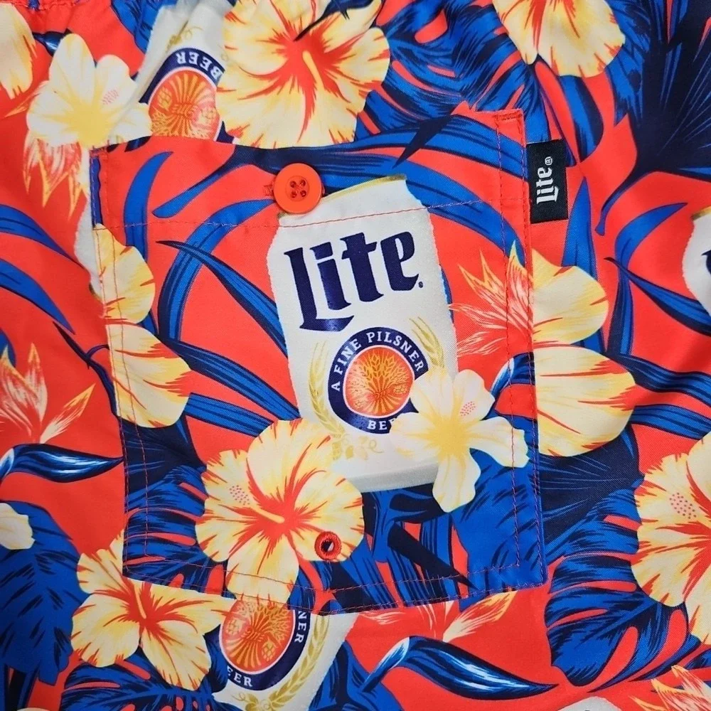 Miller Lite Tropical Floral Swim Trunk Shorts Mens Size‎ Med New Hawaiian Beach